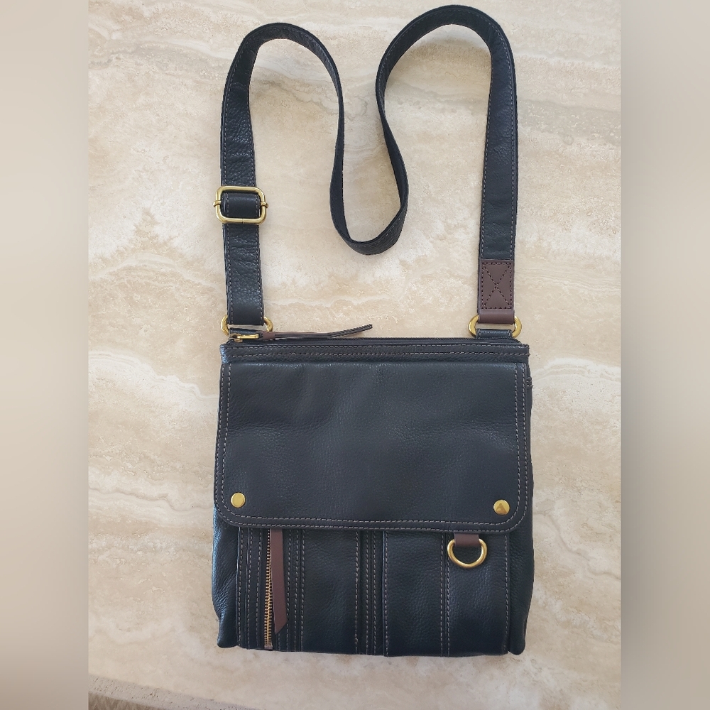 NEW FOSSIL CROSSBODY MESSENGER BAG BLACK W/ BROWN ACCENTS - Picture 4 of 11
